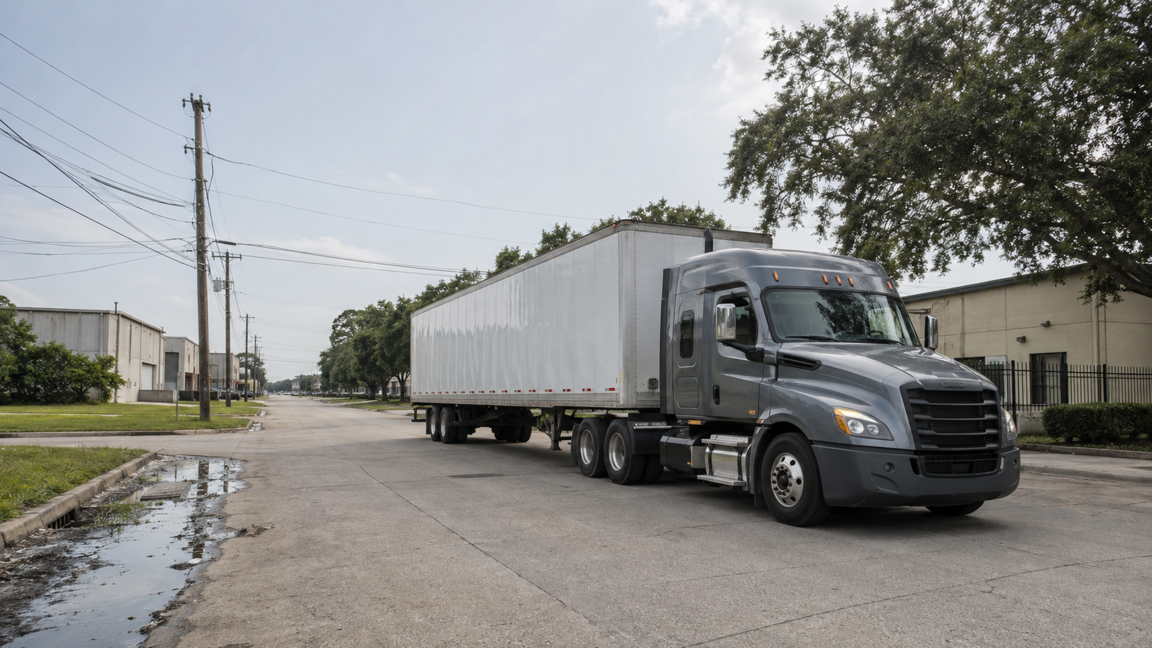 Unbranded semi-truck moving through a Houston industrial district