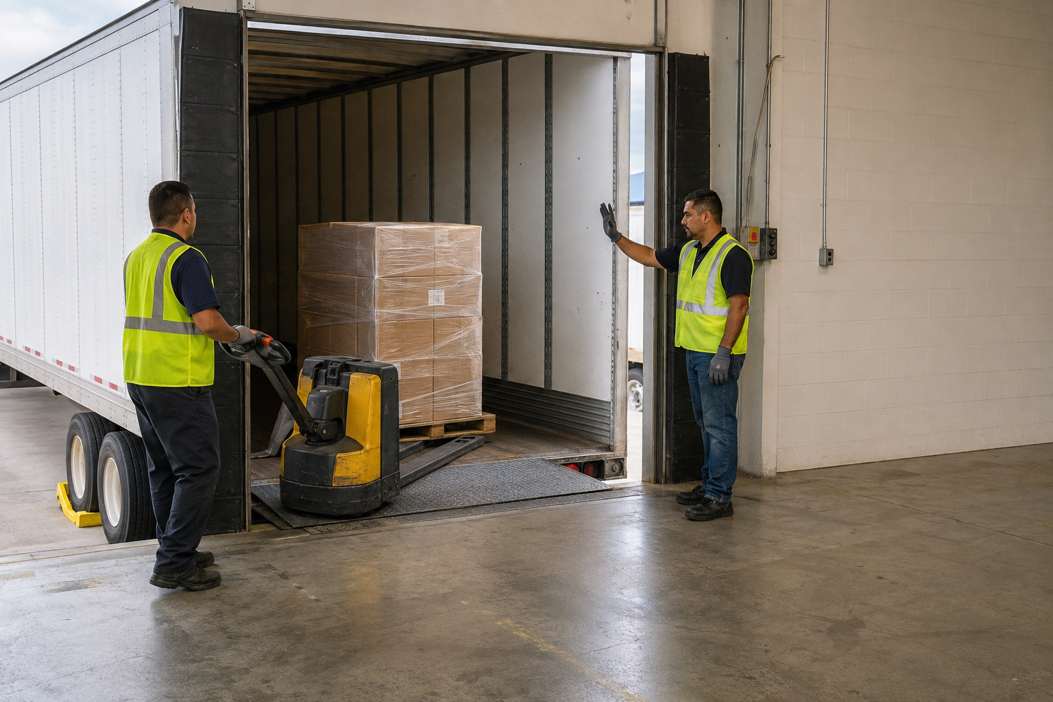 Warehouse employees coordinating a pallet transfer at a loading dock
